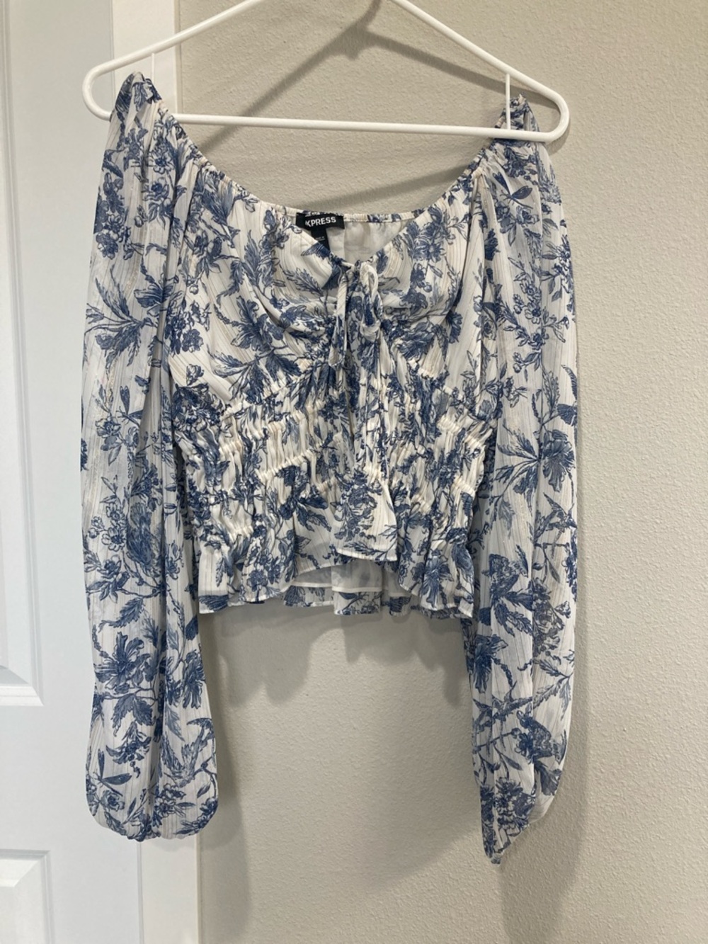 Express White and Blue Floral Off-Shoulder Tie-Front Smocked Blouse